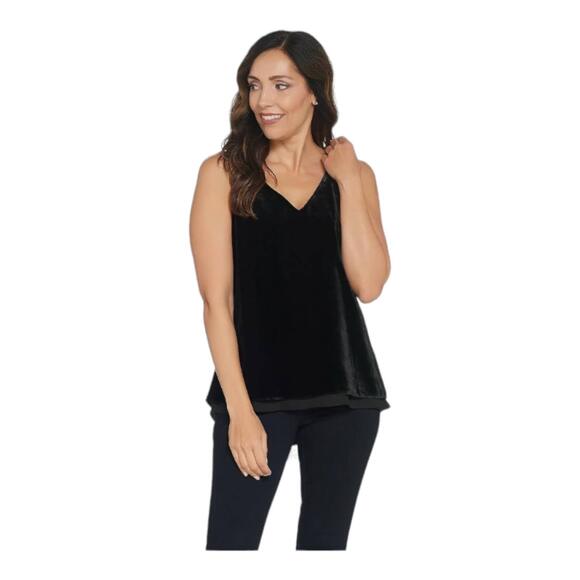 Lisa Rinna Womens Size XSmall Black Velvet Hi Low Tank Top Chiffon Trim - Picture 1 of 5